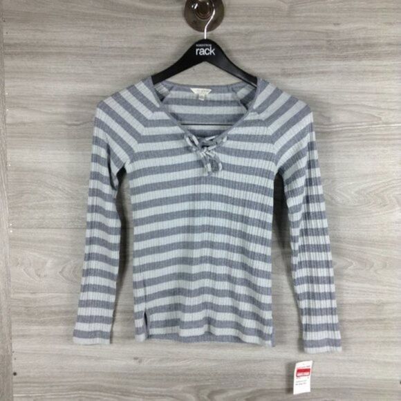 LUCKY BRAND Striped Ribbed Lace-up V-neck Top size S - Picture 1 of 5